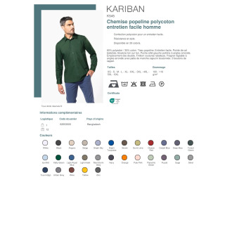 Chemise popeline polycoton entretien facile homme  K545