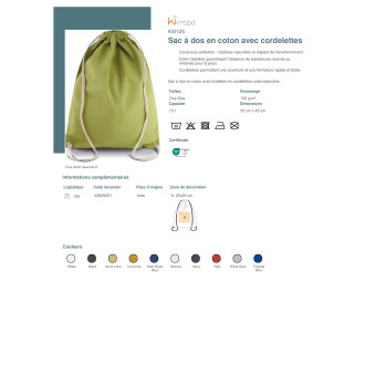 KI0125  Sac à dos en coton avec cordelettes