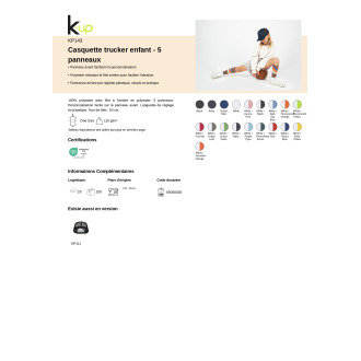 KP143  Casquette trucker enfant  5 panneaux