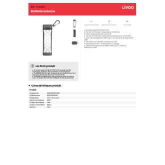LIVTEA305  Batterie externe  torche 20000mah 3 appareils