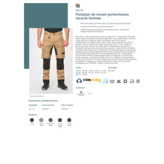 Pantalon de travail performance recyclé homme  WK743