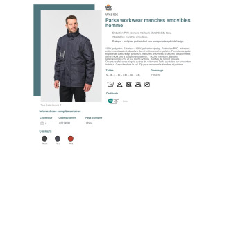 WK6106  Parka workwear manches amovibles homme
