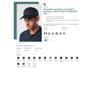 WKP145  Casquette sandwich contrasté 6 panneaux OEKOTEX® STANDARD 100